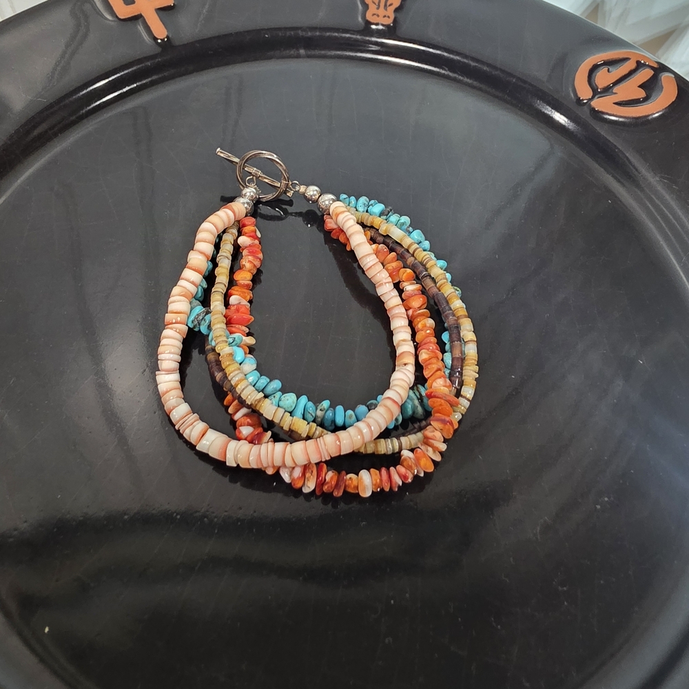 Handmade Multi-Strand Beaded Bracelet in Coral, Turquoise & Peach